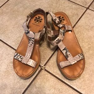 Tory Burch snakeskin wedges with gold detailing
